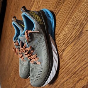 Hoka Gray and Blue Women's Sneakers with Orange Accents